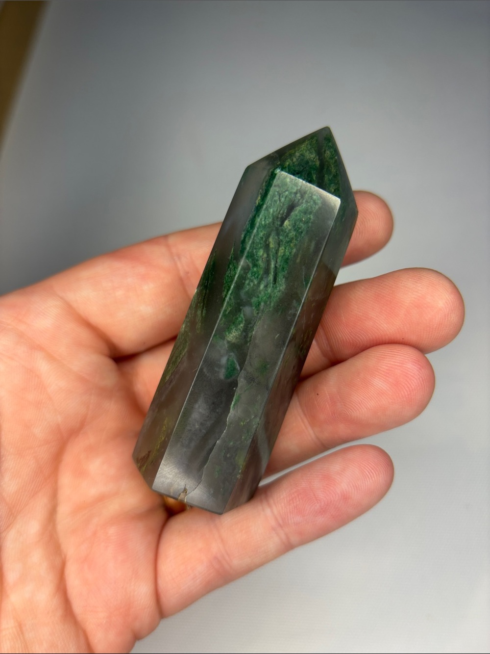 Moss Agate Green translucent crystal point tower